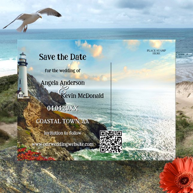 Cartão Postal De Anúncio Coastal Lighthouse Nautical Save the Date (Save the Date postcard featuring a painting of a coast with a lighthouse in vibrant colors)