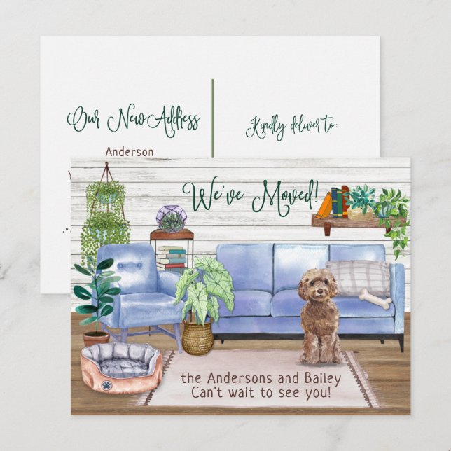 Cartão Postal De Anúncio Cockapoo Aconchegante Mudança de Casa Nova (Frente/Verso)