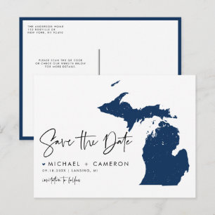 Cartão Postal De Anúncio Código QR do Mapa do Michigan Azul marinho Salve a