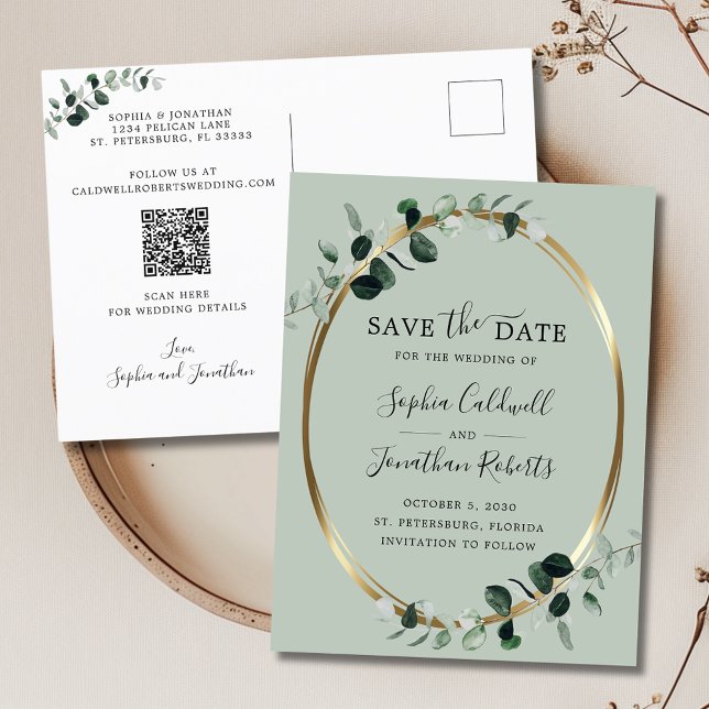 Cartão Postal De Anúncio Código QR do Sage Dourado do Eucalyptus Salve a da (Updated Eucalyptus Gold Sage Save the Date Announcement Postcard)