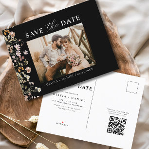 Cartão Postal De Anúncio Código QR Preto Flor Silvestre Floral Casamento