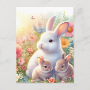 Cartão Postal De Anúncio Coelho de Páscoa de Primavera Família Jardim Flora
