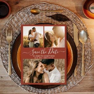 Cartão Postal De Anúncio Colagem de Fotos Chic Script Terracota Salve a Dat