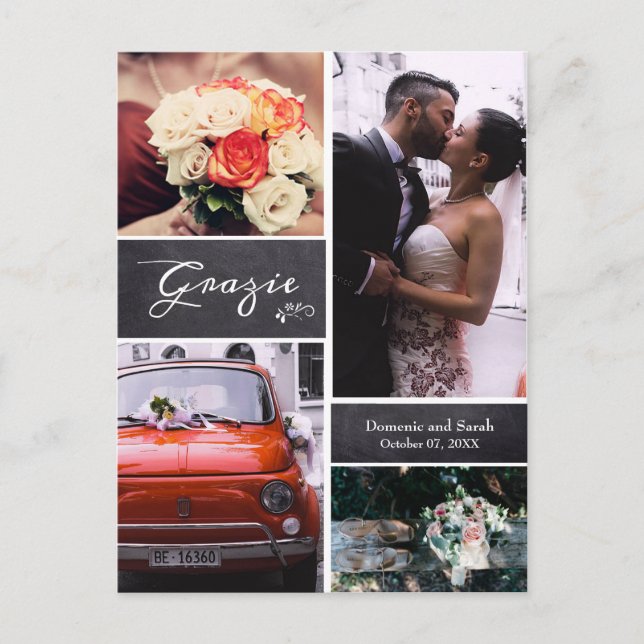 Cartão Postal De Anúncio Colagem de Fotos com Giz Casamento Rústico "Grazie (Frente)