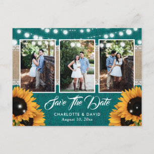 Cartão Postal De Anúncio Colagem de Fotos de Casamento com Girassóis em Azu