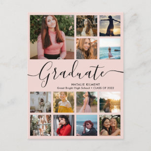 Cartão Postal De Anúncio Colagem de Fotos de Graduado 13 Rosa e Preto Gradu