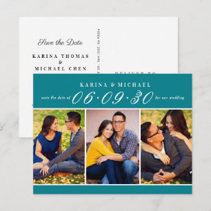 Cartão Postal De Anúncio Colagem de Fotos em Azul Verde Save the Date Moder