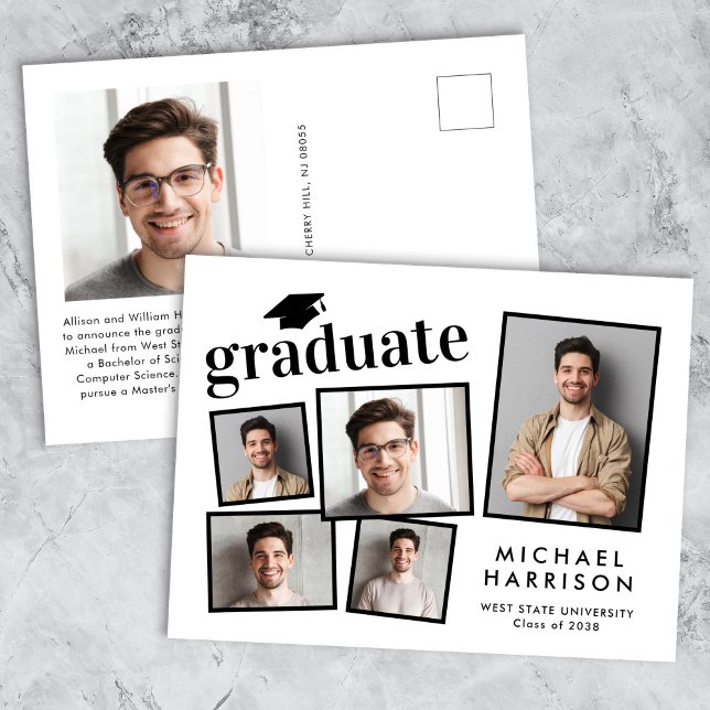Cartão Postal De Anúncio Colagem de Fotos Moderna para Formatura (Cherish the milestone: share your graduate's achievement with a custom photo graduation announcement)
