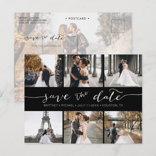 Cartão Postal De Anúncio Colagem de Fotos Moderna Salva a Data em Preto (Frente/Verso)