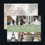 Cartão Postal De Anúncio Colagem de Fotos Moderna Salvar a Data Verde Sage<br><div class="desc">Escolha as melhores fotos do seu ensaio de noivado ou as suas fotos favoritas dos dois para este save the date perfeito. As palavras salvar a data são manuscritas para dar um toque pessoal ao cartão. A frente tem 6 imagens e o verso tem uma imagem grande com um filtro...</div>