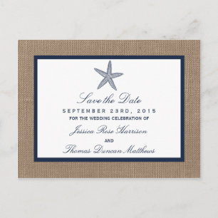 Cartão Postal De Anúncio Coleção de Casamentos de Praia de Starfish Burlap,