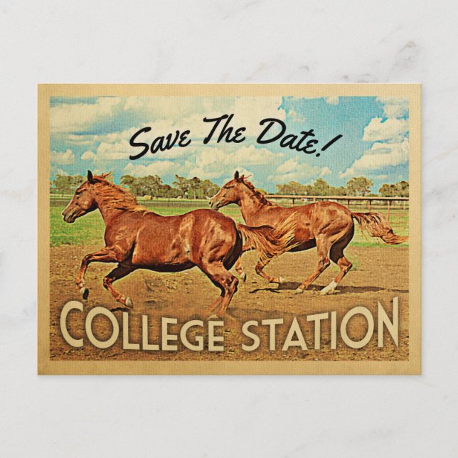 Cartão Postal De Anúncio College Station Texas Salve A Data Cavalos (Frente)