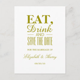 Cartão Postal De Anúncio Coma, Beba e Salve a Data Casamento Dourado