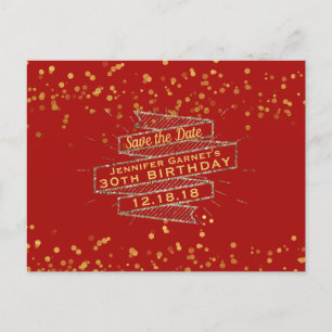 Cartão Postal De Anúncio Confetes de Aniversário Dourado Vermelho Salve a D