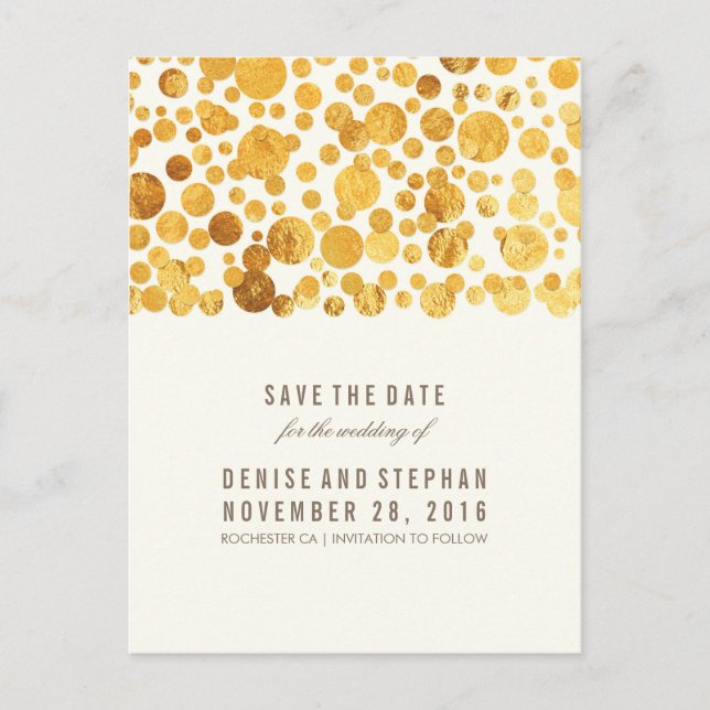 Cartão Postal De Anúncio Confetes de Folha Dourada Save the Date (Frente)