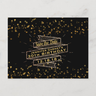 Cartão Postal De Anúncio Confetes de Ouro Preto Aniversário Salve a Data