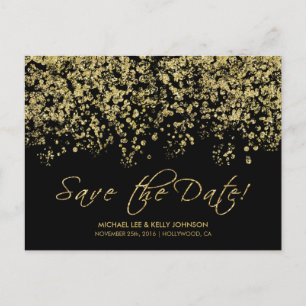 Cartão Postal De Anúncio Confetes Preto e Dourado Elegantes - Salve a Data