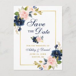 Cartão Postal De Anúncio Cor-de-rosa Azul Floral Elegante Dourado Guarde a