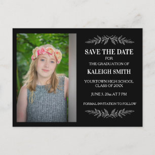 Cartão Postal De Anúncio Cor Preta Editável Grad Salvar Data c/ Folhas