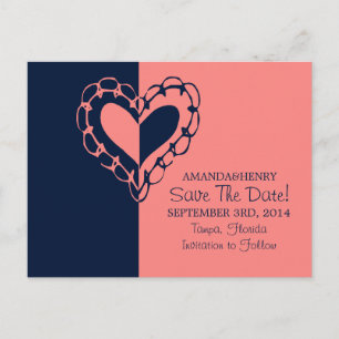 Cartão Postal De Anúncio Coração Azul e Rosa Caprichoso Salve a Data