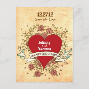 Cartão Postal De Anúncio Coração Boêmio, Rosas, Pássaros e Casamento com Fa