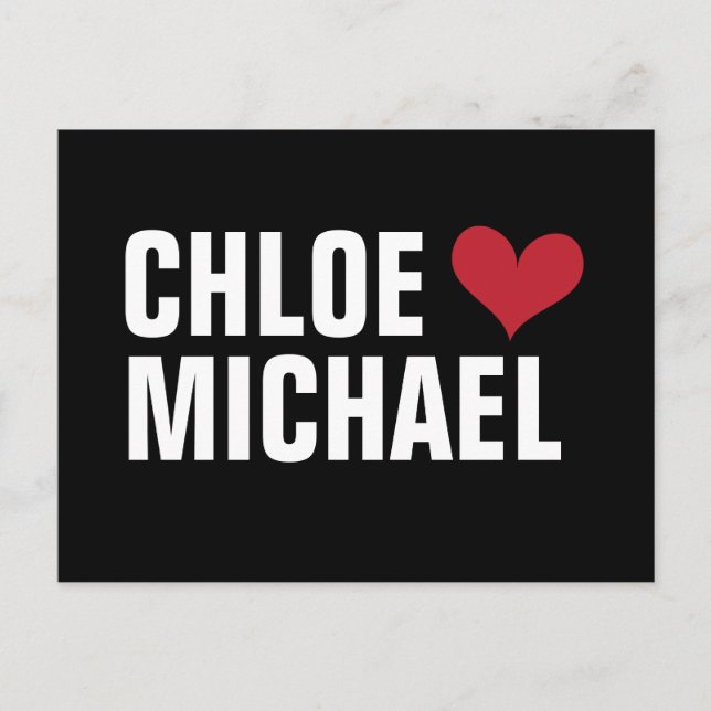 Cartão Postal De Anúncio - coração com nomes (preto/vermelho) (Frente)