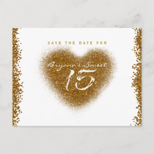 Cartão Postal De Anúncio Coração de Brilho Dourado 15 Save The Date de Quin