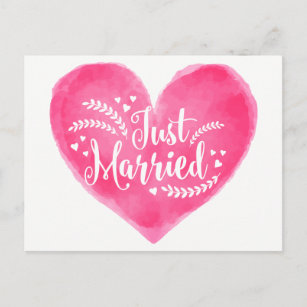 Cartão Postal De Anúncio Coração de Casamento Vermelho Rosa Recem casados d
