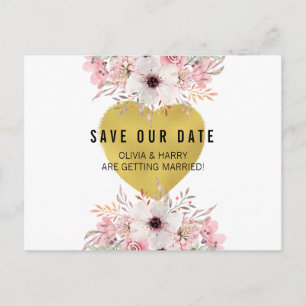 Cartão Postal De Anúncio Coração Dourado Floral   Postcard de Save The Date