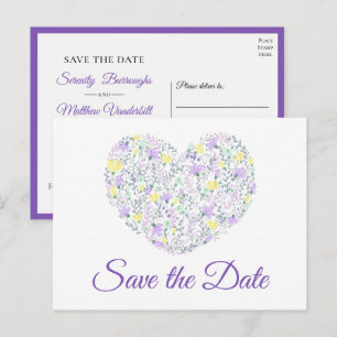 Cartão Postal De Anúncio Coração Floral Roxo Data de Casamento Aquarela