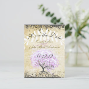 Cartão Postal De Anúncio Coração Folha Lavanda Árvore Vintage Casamento Pás