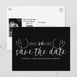 Cartão Postal De Anúncio Coração Moderno Preto e Branco Chic Salve a Data