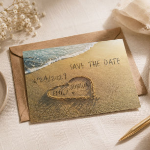 Cartão Postal De Anúncio Coração na Praia da Areia