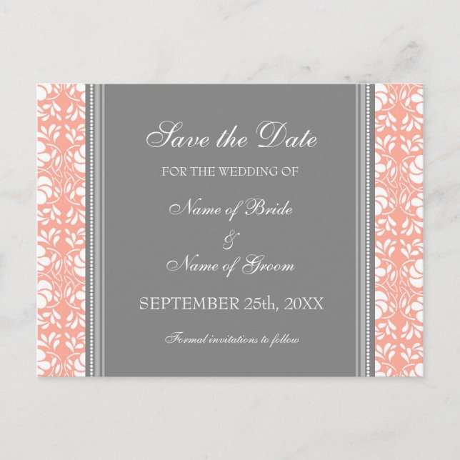 Cartão Postal De Anúncio Coral Damask Save the Date Wedding Postcards (Frente)