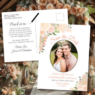 Cartão Postal De Anúncio Coral Peach Rosas Oval Foto Casamento Salve a Data