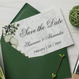 Cartão Postal De Anúncio Coroa Boho Verde e Casamento Damask Salve o Data