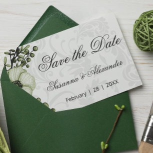 Cartão Postal De Anúncio Coroa Boho Verde e Casamento Damask Salve o Data