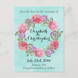 Cartão Postal De Anúncio Coroa de Aquarela Floral Casamento Salve A Data