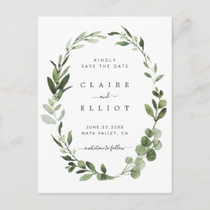 Cartão Postal De Anúncio Coroa de Folhagem Verde de Eucalipto Save the Date