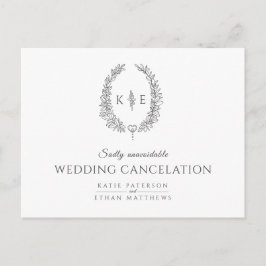 Cartão Postal De Anúncio Coroa de folhas desenhadas com monograma de casame