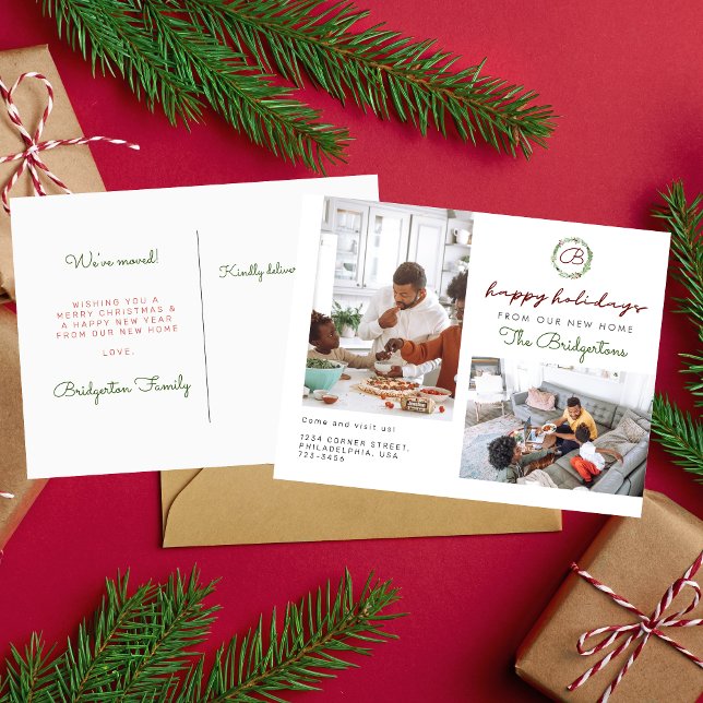 Cartão Postal De Anúncio Coroa de Natal Duas Fotos Férias Nova Casa Mudança (Criador carregado)