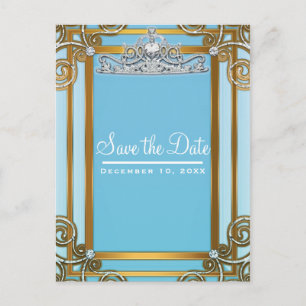 Cartão Postal De Anúncio Coroa de Tiara Princesa Azul e Dourado Save the Da