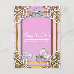 Cartão Postal De Anúncio Coroa e Carruagem Princesa Gold Rosa Salve a Data