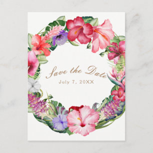 Cartão Postal De Anúncio Coroa Floral Tropical Aloha Casamento Salvar a Dat
