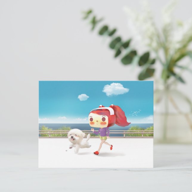 Cartão Postal De Anúncio Correndo com Cachorro pelo Mar (Em pé/Frente)