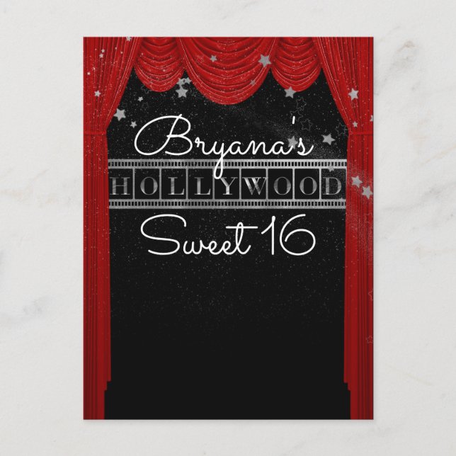 Cartão Postal De Anúncio Cortinas vermelhas de HOLLYWOOD & estrela prateada (Frente)