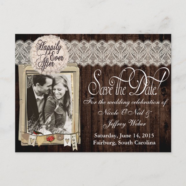 Cartão Postal De Anúncio Country Rustic Photo Save the Date Wedding Card (Frente)