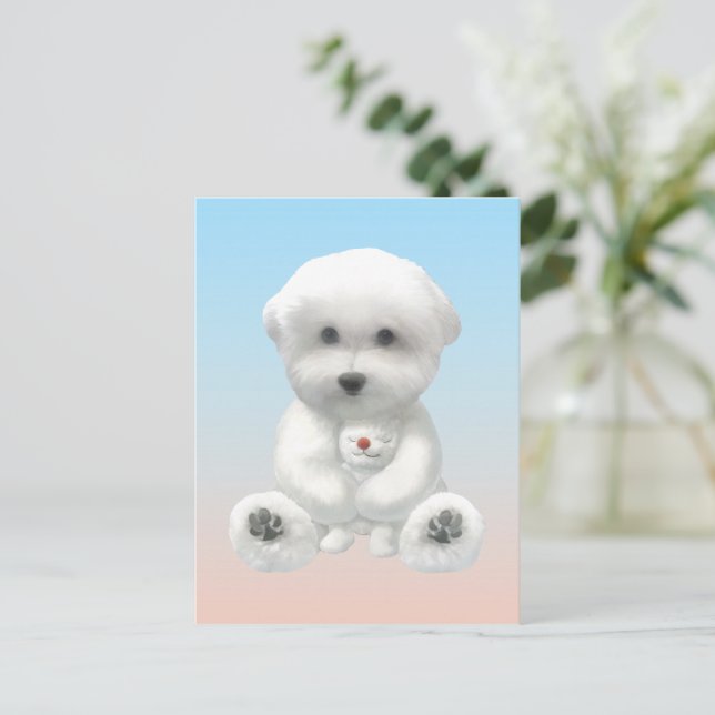 Cartão Postal De Anúncio Cozy Plush Moment: Smiling Bichon Hugging Mini Pup (Em pé/Frente)