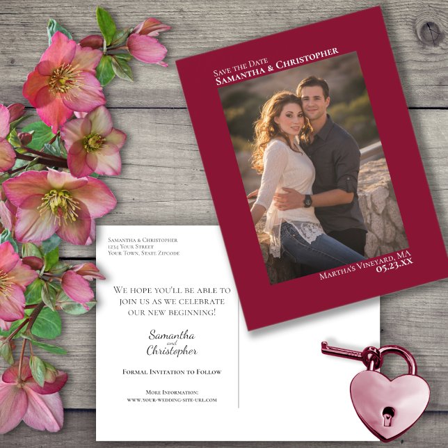 Cartão Postal De Anúncio Cranberry Red Minimal Photo Wedding Save the Date (Criador carregado)