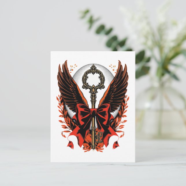 Cartão Postal De Anúncio Craveira de Veludo Gótico com Asas e Lua (Em pé/Frente)